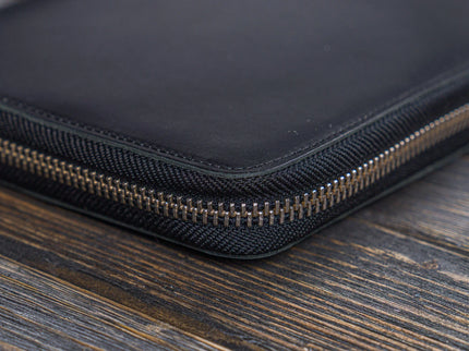 Zippered Leather A5 Notebook & Pen Folio - Black