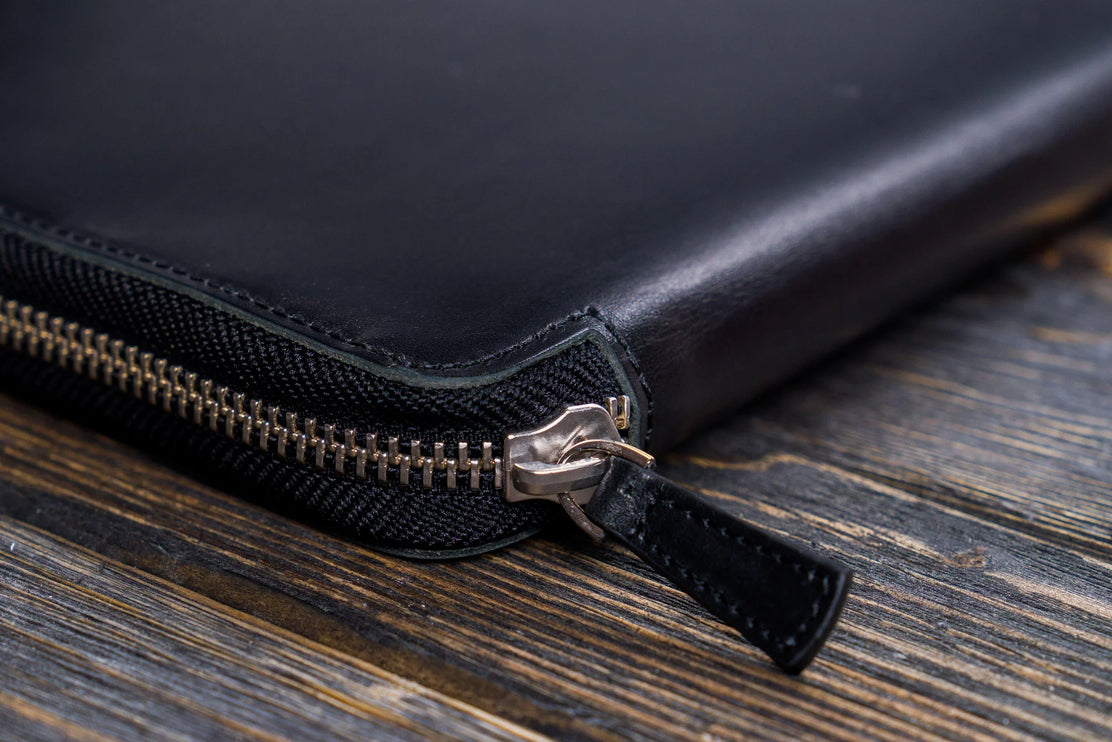 Zippered Leather A5 Notebook & Pen Folio - Black
