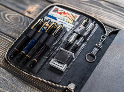 Zippered Leather A5 Notebook & Pen Folio - Black