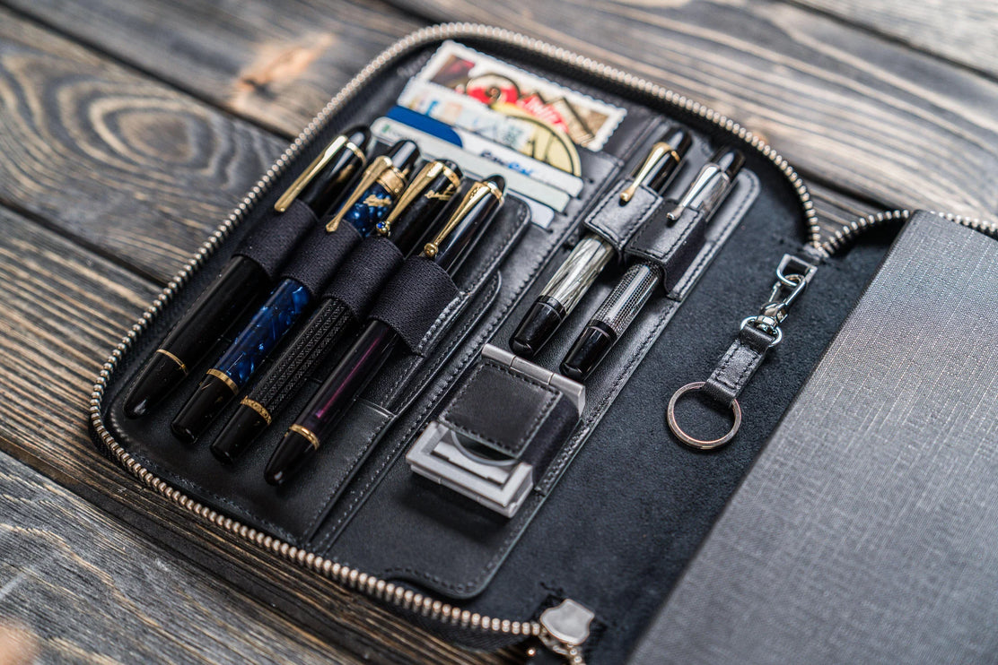 Zippered Leather A5 Notebook & Pen Folio - Black