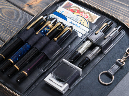 Zippered Leather A5 Notebook & Pen Folio - Black
