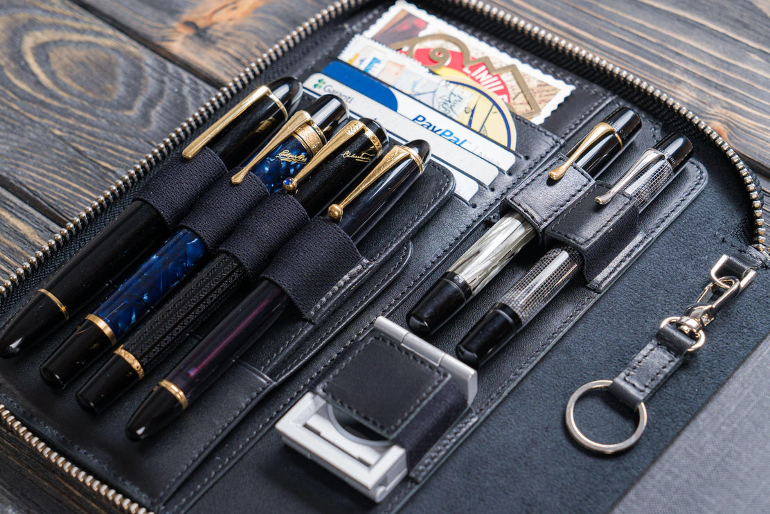 Zippered Leather A5 Notebook & Pen Folio - Black
