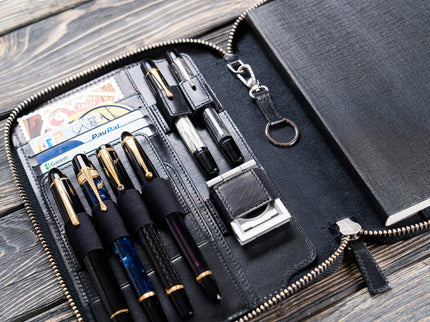 Zippered Leather A5 Notebook & Pen Folio - Black