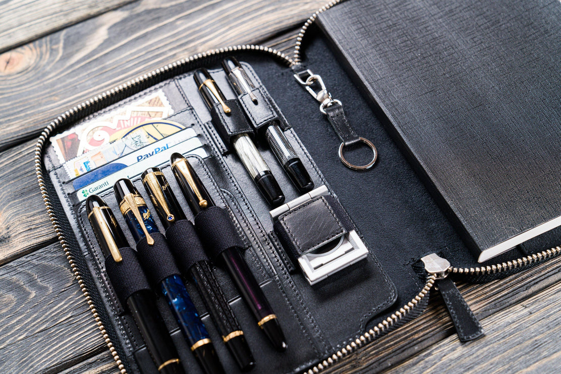 Zippered Leather A5 Notebook & Pen Folio - Black