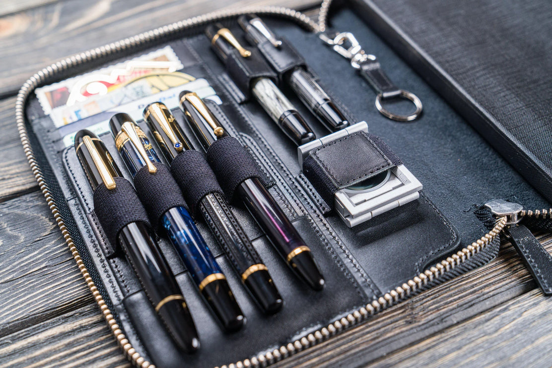 Zippered Leather A5 Notebook & Pen Folio - Black