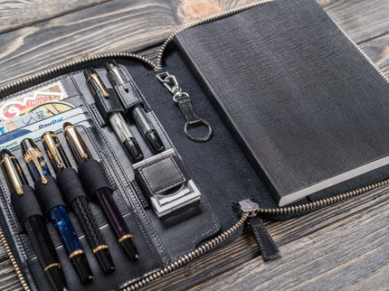 Zippered Leather A5 Notebook & Pen Folio - Black