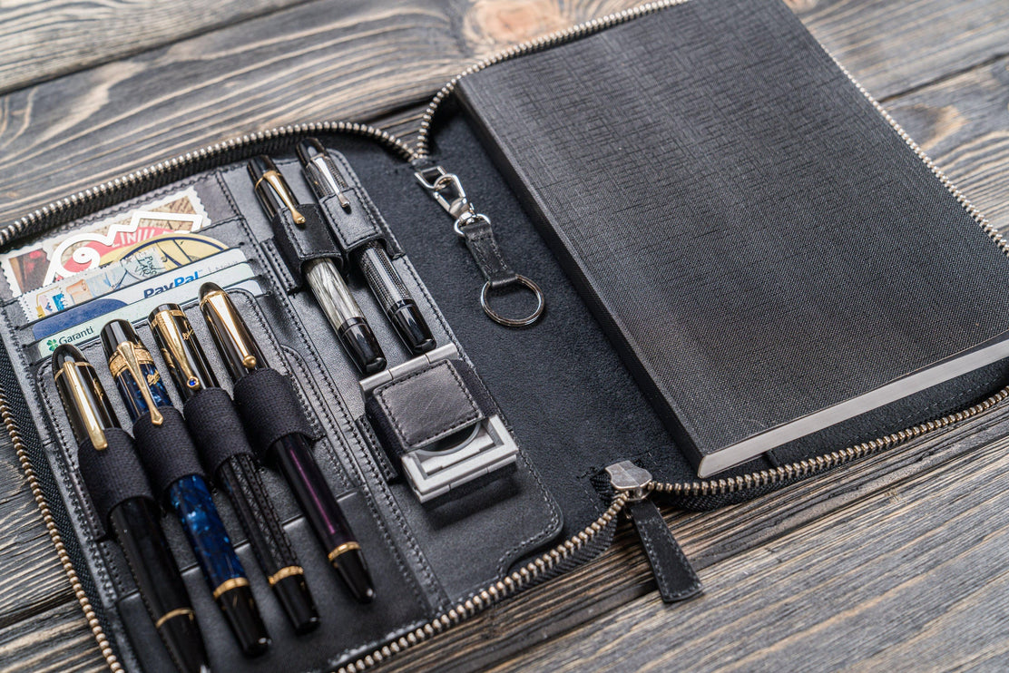 Zippered Leather A5 Notebook & Pen Folio - Black
