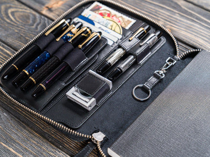Zippered Leather A5 Notebook & Pen Folio - Black
