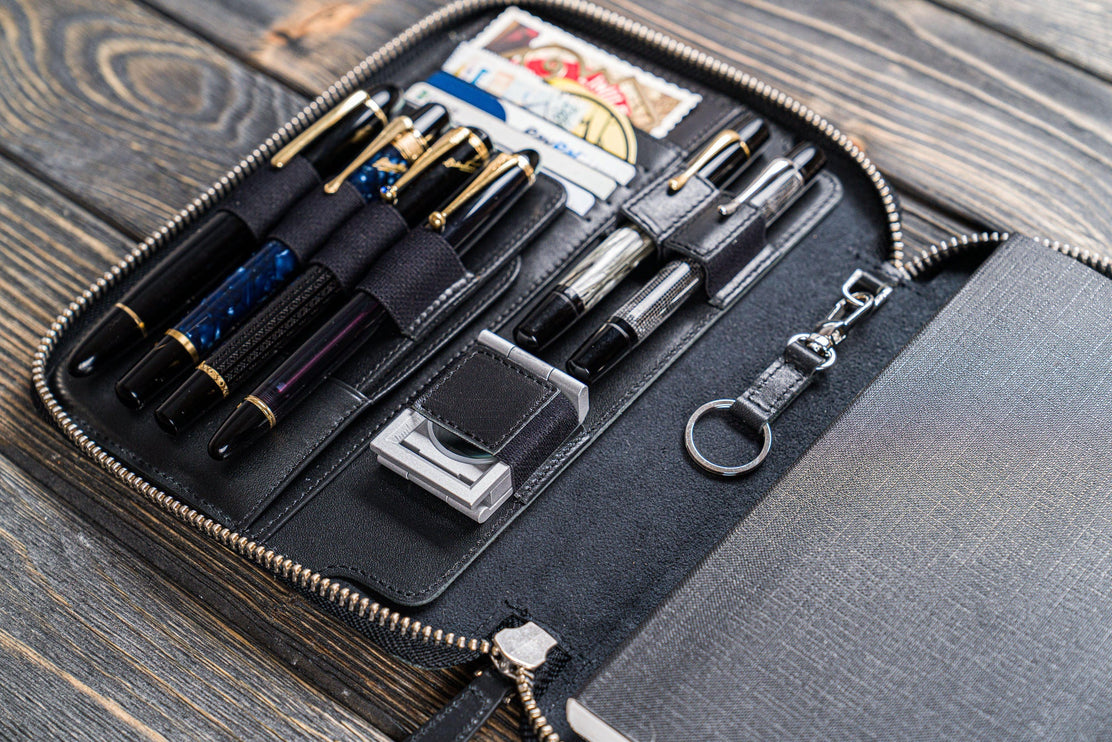 Zippered Leather A5 Notebook & Pen Folio - Black