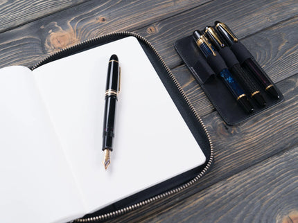 Zippered Leather A5 Notebook & Pen Folio - Black