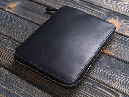 Zippered Leather A5 Notebook & Pen Folio - Black