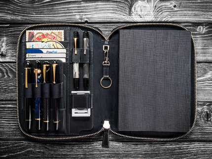 Zippered Leather A5 Notebook & Pen Folio - Black