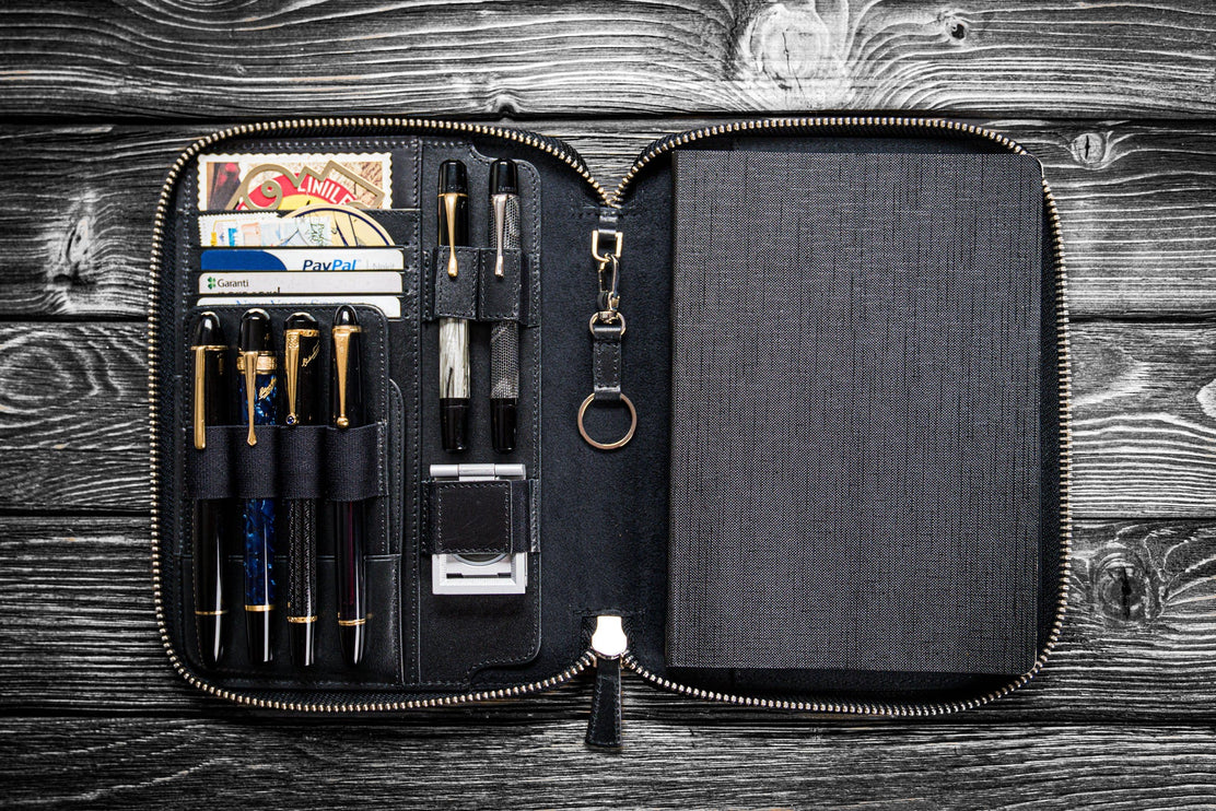 Zippered Leather A5 Notebook & Pen Folio - Black