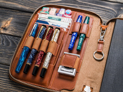 Zippered Leather A5 Notebook & Pen Folio - Brown