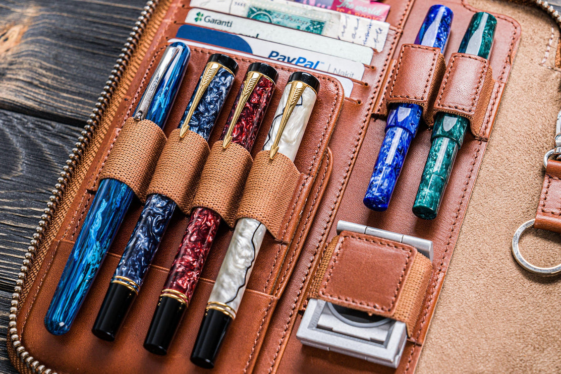 Zippered Leather A5 Notebook & Pen Folio - Brown