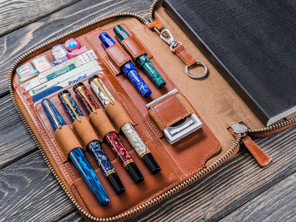 Zippered Leather A5 Notebook & Pen Folio - Brown