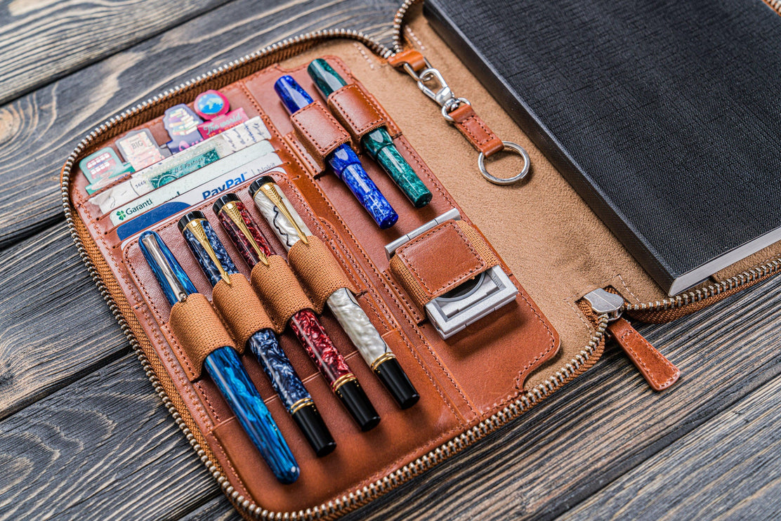 Zippered Leather A5 Notebook & Pen Folio - Brown