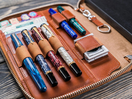 Zippered Leather A5 Notebook & Pen Folio - Brown