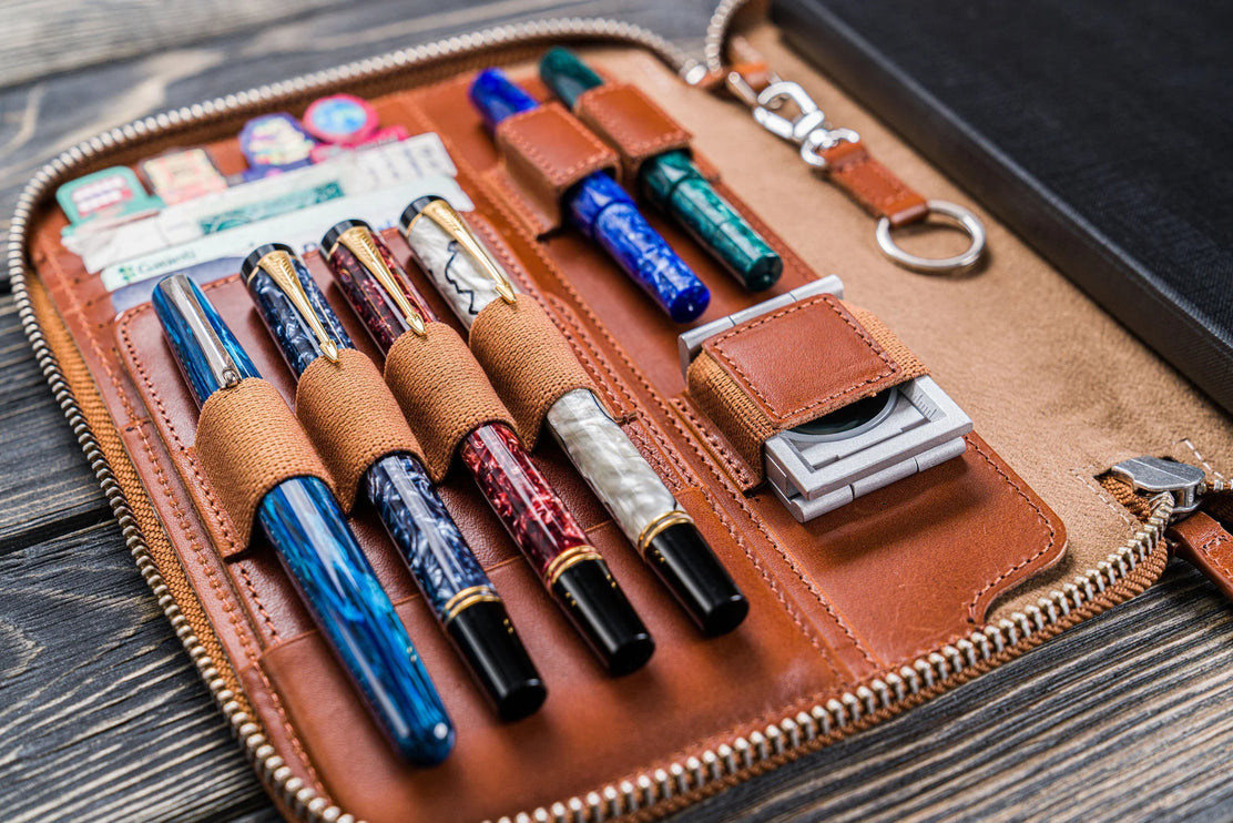 Zippered Leather A5 Notebook & Pen Folio - Brown