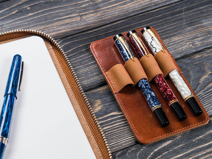 Zippered Leather A5 Notebook & Pen Folio - Brown