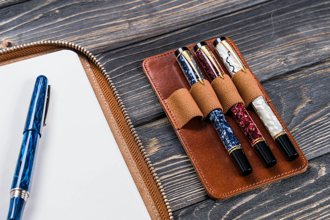 Zippered Leather A5 Notebook & Pen Folio - Brown
