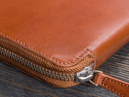 Zippered Leather A5 Notebook & Pen Folio - Brown