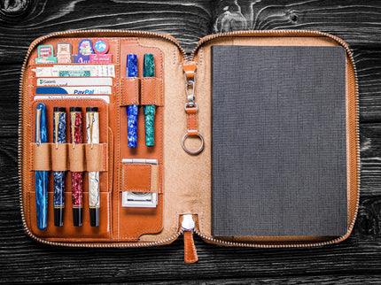 Zippered Leather A5 Notebook & Pen Folio - Brown