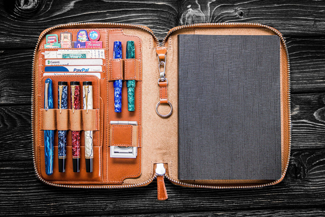 Zippered Leather A5 Notebook & Pen Folio - Brown