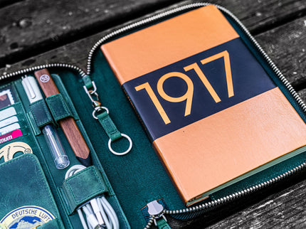 Zippered Leather A5 Notebook & Pen Folio - Forest Green