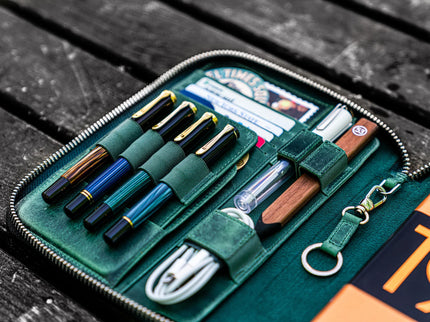 Zippered Leather A5 Notebook & Pen Folio - Forest Green