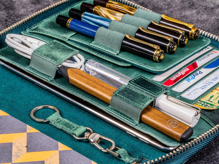 Zippered Leather A5 Notebook & Pen Folio - Forest Green