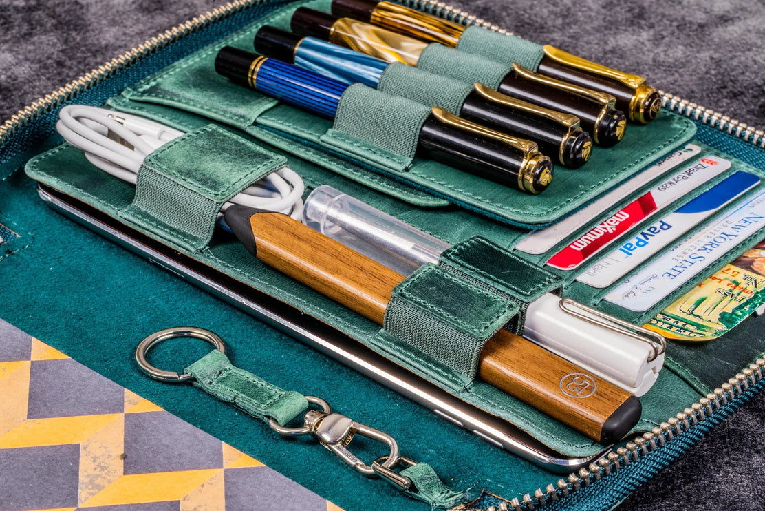 Zippered Leather A5 Notebook & Pen Folio - Forest Green