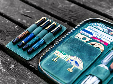 Zippered Leather A5 Notebook & Pen Folio - Forest Green
