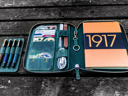 Zippered Leather A5 Notebook & Pen Folio - Forest Green