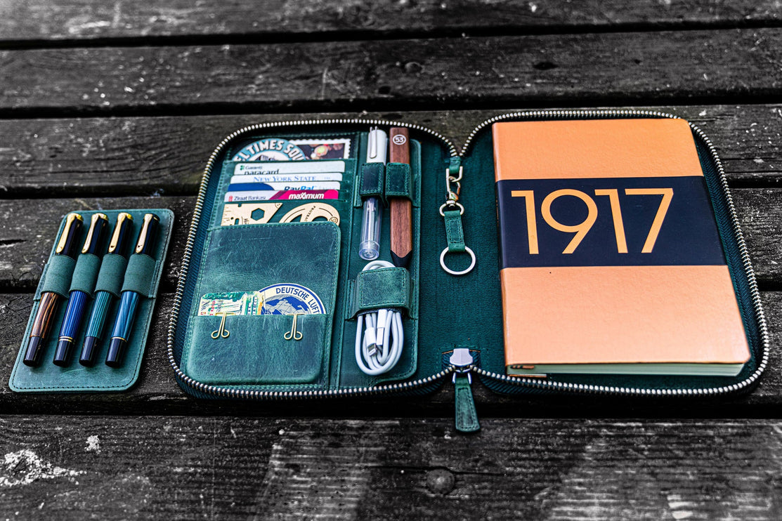 Zippered Leather A5 Notebook & Pen Folio - Forest Green