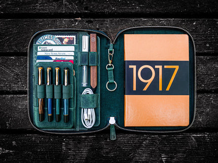 Zippered Leather A5 Notebook & Pen Folio - Forest Green