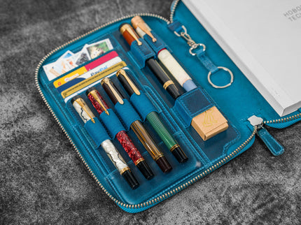 Zippered Leather A5 Notebook & Pen Folio - Ocean Blue