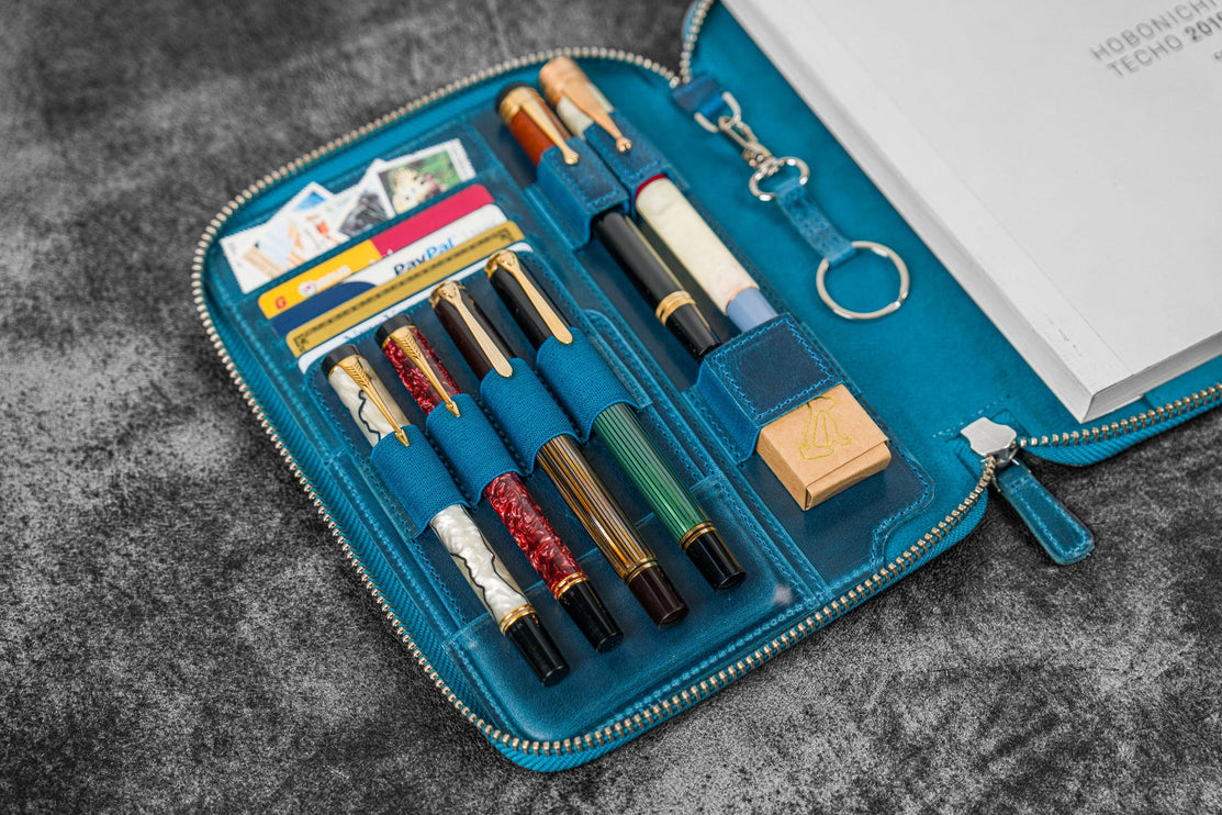Zippered Leather A5 Notebook & Pen Folio - Ocean Blue