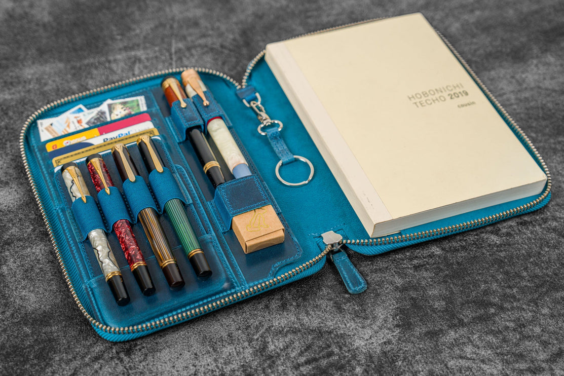 Zippered Leather A5 Notebook & Pen Folio - Ocean Blue