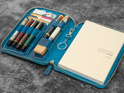 Zippered Leather A5 Notebook & Pen Folio - Ocean Blue