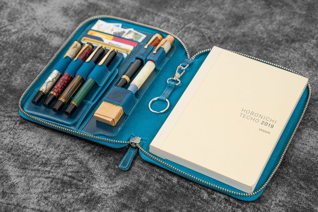 Zippered Leather A5 Notebook & Pen Folio - Ocean Blue