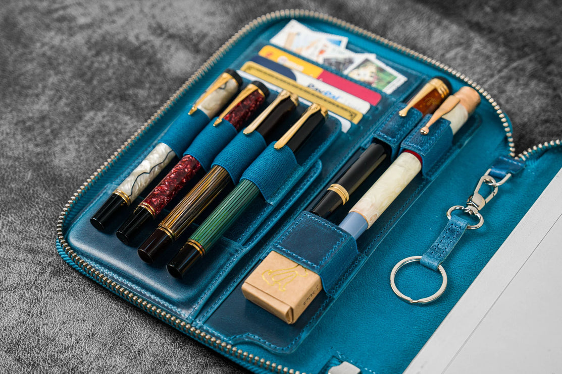 Zippered Leather A5 Notebook & Pen Folio - Ocean Blue