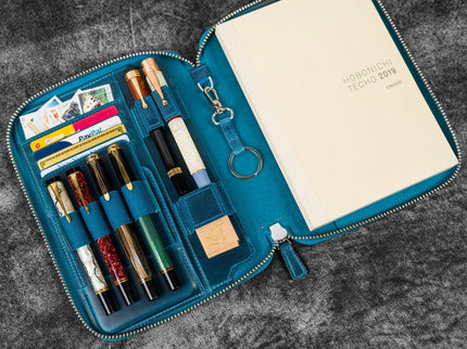 Zippered Leather A5 Notebook & Pen Folio - Ocean Blue