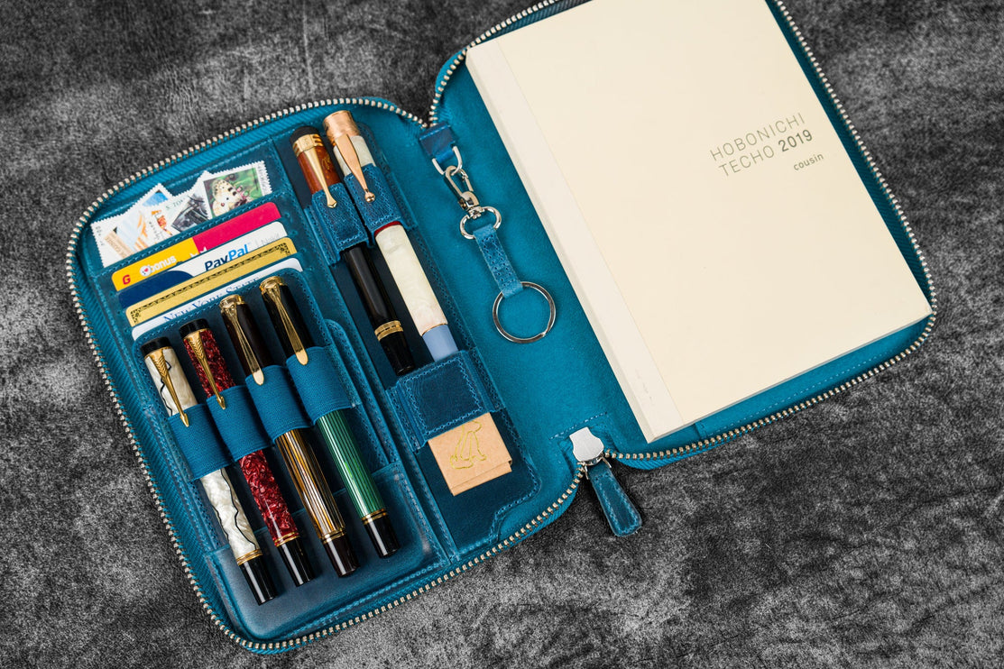 Zippered Leather A5 Notebook & Pen Folio - Ocean Blue
