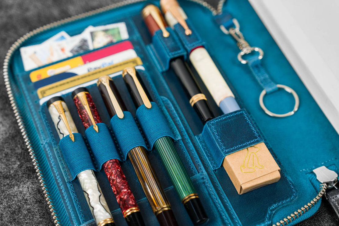 Zippered Leather A5 Notebook & Pen Folio - Ocean Blue
