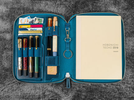 Zippered Leather A5 Notebook & Pen Folio - Ocean Blue