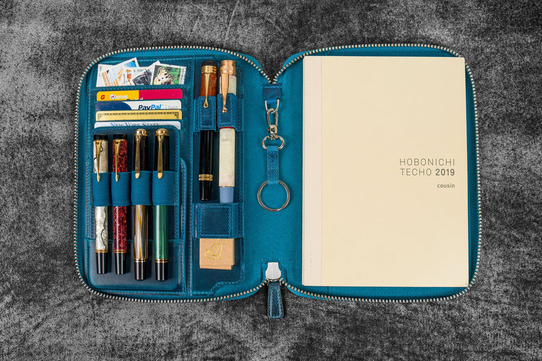 Zippered Leather A5 Notebook & Pen Folio - Ocean Blue