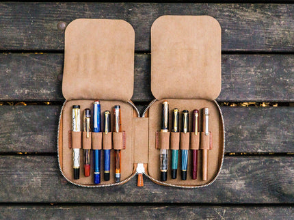 Zippered Leather 10 Pen Case - Brown