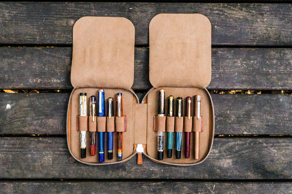 Zippered Leather 10 Pen Case - Brown