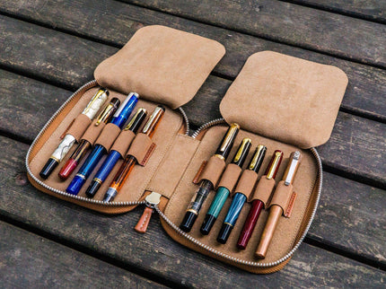Zippered Leather 10 Pen Case - Brown